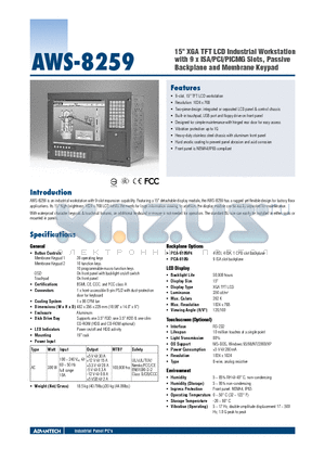 AWS-8259 datasheet - 15 XGA TFT LCD Industrial Workstation with 9 x ISA/PCI/PICMG Slots, Passive Backplane and Membrane Keypad