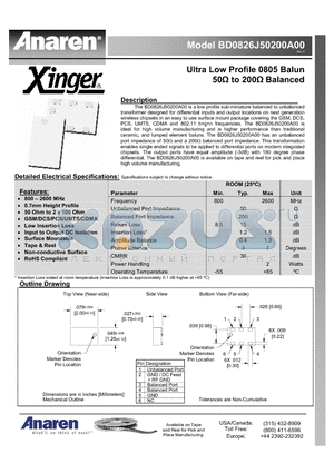 BD0826J50200A00 datasheet - Ultra Low Profile 0805 Balun 50Y to 200Y Balanced