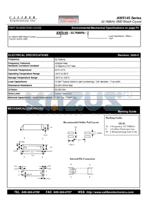 AWS145 datasheet - 32.768kHz SMD Watch Crystal