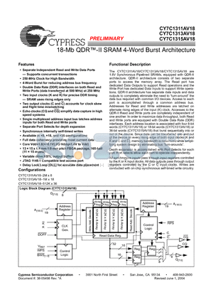 CY7C1315AV18-167BZC datasheet - 18-Mb QDRTM-II SRAM 4-Word Burst Architecture