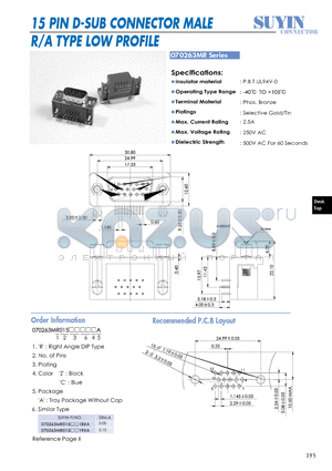 070263MR datasheet - 15 PIN D-SUB CONNECTOR MALE R/A TYPE LOW PROFILE