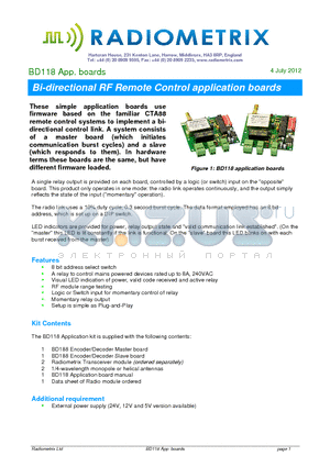 BD118 datasheet - Bi-directional RF Remote Control application boards