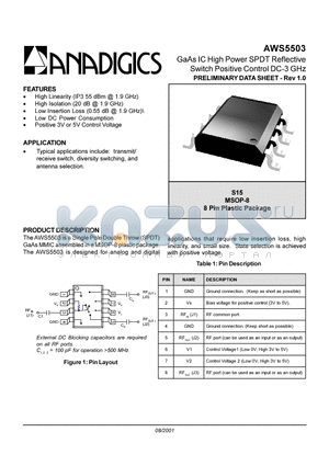 AWS5503 datasheet - GaAs IC High Power SPDT Reflective Switch Positive Control DC-3 GHz