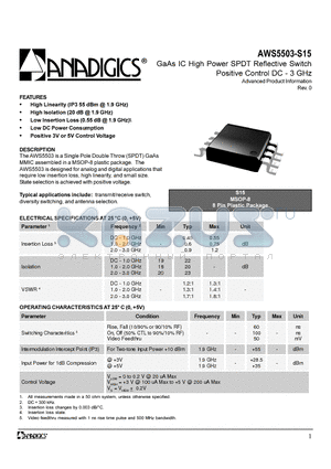 AWS5503-S15 datasheet - GaAs IC High Power SPDT Reflective Switch Positive Control DC - 3 GHz