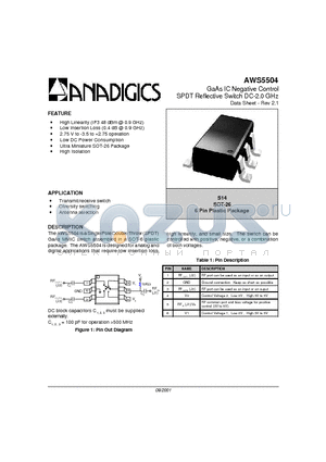 AWS5504S14 datasheet - GaAs IC Negative Control SPDT Reflective Switch DC-2.0 GHz