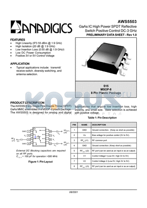 AWS5503S15 datasheet - GaAs IC High Power SPDT Reflective Switch Positive Control DC-3 GHz