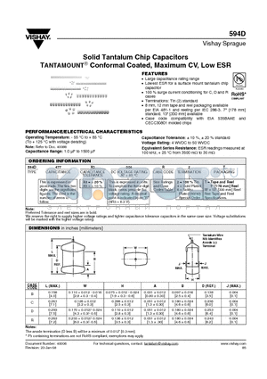 594D477X0004D8W datasheet - Solid Tantalum Chip Capacitors TANTAMOUNT^ Conformal Coated, Maximum CV, Low ESR
