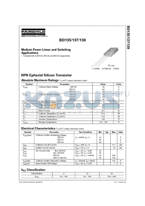 BD135 datasheet - Medium Power Linear and Switching Applications