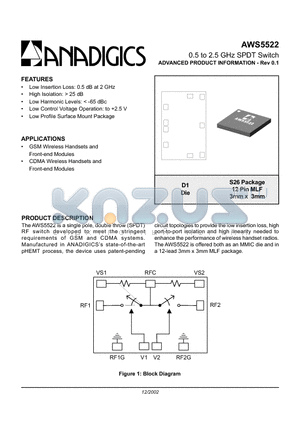 AWS5522D1 datasheet - 0.5 to 2.5 GHz SPDT Switch