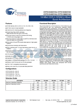 CY7C1316CV18-167BZC datasheet - 18-Mbit DDR-II SRAM 2-Word Burst Architecture