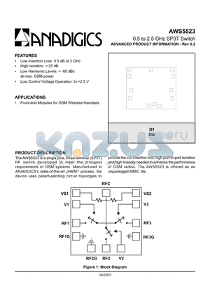 AWS5523 datasheet - 0.5 to 2.5 GHz SP3T Switch