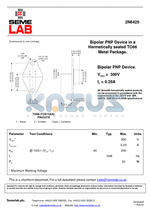 2N6425 datasheet - Bipolar PNP Device in a Hermetically sealed TO66 Metal Package