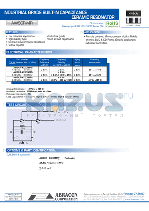 AWSCR-MR datasheet - INDUSTRIAL GRADE BUILT-IN CAPACITANCE CERAMIC RESONATOR