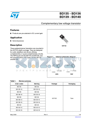 BD136 datasheet - Complementary low voltage transistor