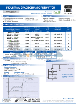 AWSZT-MV datasheet - INDUSTRIAL GRADE CERAMIC RESONATOR