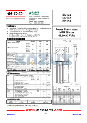 BD137 datasheet - Power Transistors NPN Silicon 45,60,80 Volts