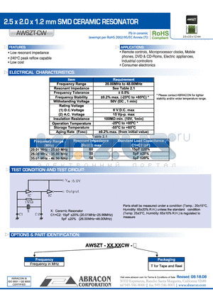 AWSZT-CW datasheet - 2.5 x 2.0 x 1.2 mm SMD CERAMIC RESONATOR