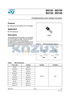 BD139 datasheet - Complementary low voltage transistor