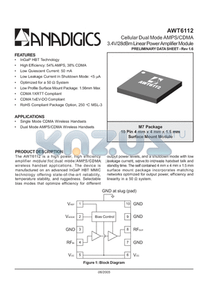 AWT6112 datasheet - Cellular Dual Mode AMPS/CDMA 3.4V/28dBm Linear Power Amplifier Module