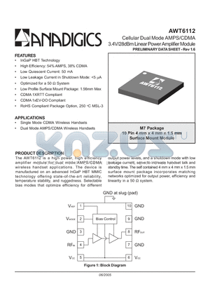 AWT6112M7P8 datasheet - Cellular Dual Mode AMPS/CDMA 3.4V/28dBm Linear Power Amplifier Module