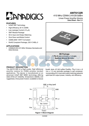 AWT6132RM5P8 datasheet - 415 MHz CDMA 3.4V/29.5dBm Linear Power Amplifier Module