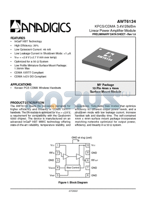 AWT6134 datasheet - KPCS/CDMA 3.4V/28dBm Linear Power Amplifier Module