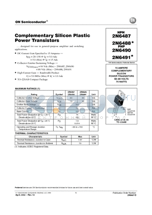 2N6487 datasheet - COMPLEMENTARY SILICON POWER TRANSISTORS