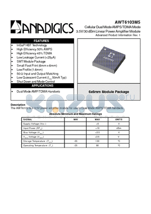 AWT6103M5 datasheet - Cellular Dual Mode AMPS/TDMA Mode 3.5V/30 dBm Linear Power Amplifier Module