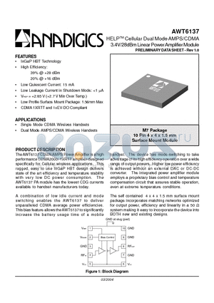 AWT6137 datasheet - HELP Cellular Dual Mode AMPS/CDMA 3.4V/28dBm Linear Power Amplifier Module