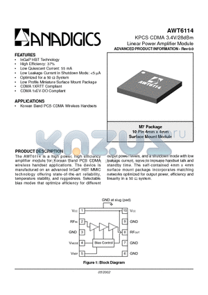 AWT6114 datasheet - KPCS CDMA 3.4V/28dBm Linear Power Amplifier Module