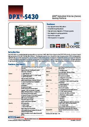 DPX-S430 datasheet - AMD^ Embedded R-Series (Fusion)  Gaming Platform