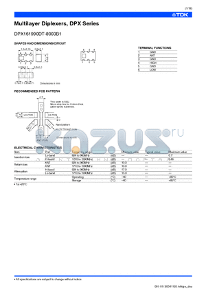 DPX202170DT-4021A1 datasheet - Multilayer Diplexers, DPX Series