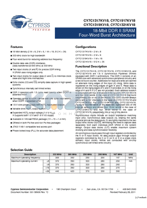 CY7C1317KV18 datasheet - 18-Mbit DDR II SRAM Four-Word Burst Architecture