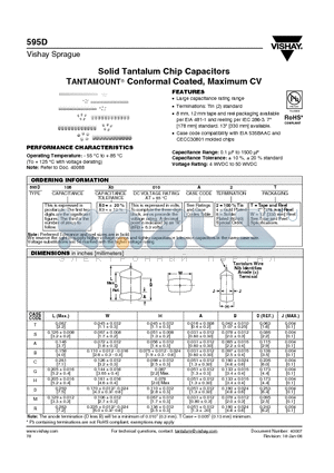 595D106X_004T2T datasheet - Solid Tantalum Chip Capacitors TANTAMOUNT^ Conformal Coated, Maximum CV