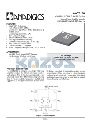 AWT6136M5P8 datasheet - 450 MHz CDMA 3.4V/29.5dBm Linear Power Amplifier Module