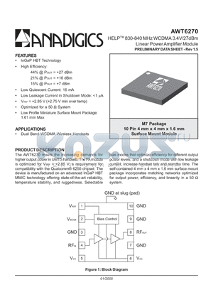 AWT6270 datasheet - HELP 830-840 MHz WCDMA 3.4V/27dBm Linear Power Amplifier Module