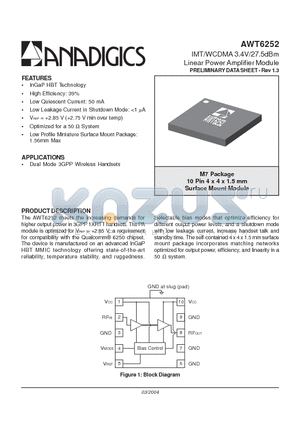 AWT6252M7P8 datasheet - IMT/WCDMA 3.4V/27.5dBm Linear Power Amplifier Module