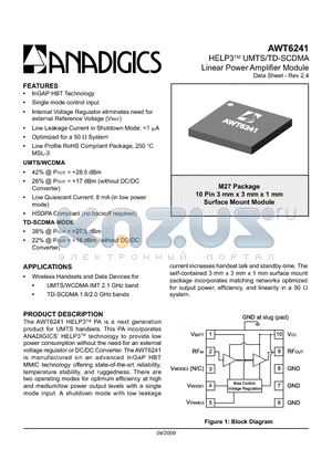 AWT6241 datasheet - HELP3TM UMTS/TD-SCDMA Linear Power Amplifier Module