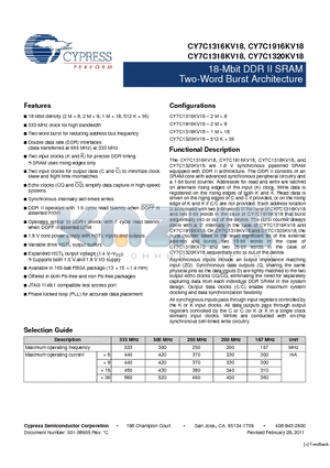 CY7C1320KV18-250BZI datasheet - 18-Mbit DDR II SRAM Two-Word Burst Architecture