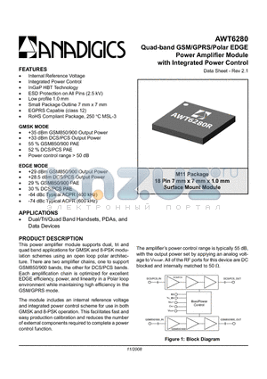 AWT6280RM11P9 datasheet - Quad-band GSM/GPRS/Polar EDGE Power Amplifier Module with Integrated Power Control