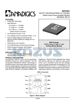 AWT6281RM20P8 datasheet - HELP3TM 900 MHz/WCDMA 3.4 V/29 dBm HSPA Linear Power Amplifier Module