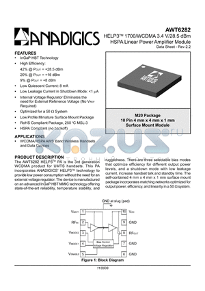 AWT6282RM20P8 datasheet - HELP3TM 1700/WCDMA 3.4 V/28.5 dBm HSPA Linear Power Amplifier Module