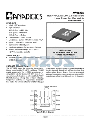 AWT6276 datasheet - HELPTM PCS/WCDMA 3.4 V/29.5 dBm Linear Power Amplifier Module