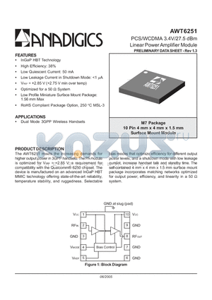 AWT6251M7P8 datasheet - PCS/WCDMA 3.4V/27.5 dBm Linear Power Amplifier Module
