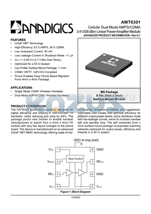 AWT6301M9P8 datasheet - CELLULAR DUAL MODE AMPLS/CDMA 3.4V/28 dBm LINEAR POWER AMPLIFIER MODULE