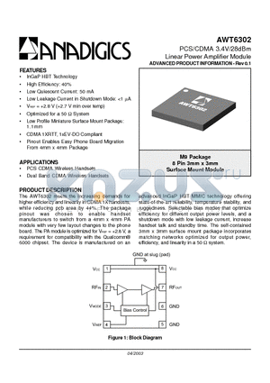 AWT6302 datasheet - PCS/CDMA 3.4V/28dBm Linear Power Amplifier Module