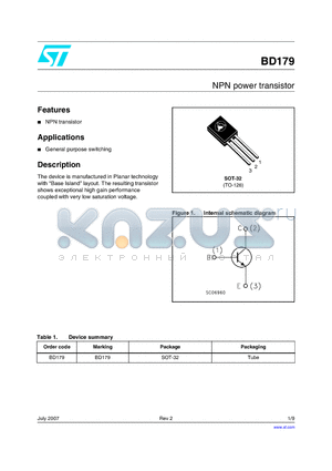 BD179 datasheet - NPN power transistor