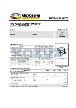 2N6547 datasheet - NPN POWER SILICON TRANSISTOR