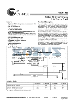 CY7C1325-100AC datasheet - 256K x 18 Synchronous 3.3V Cache RAM