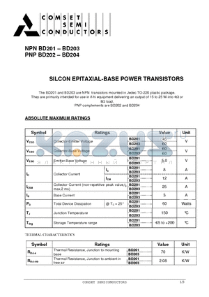 BD201 datasheet - SILCON EPITAXIAL-BASE POWER TRANSISTORS